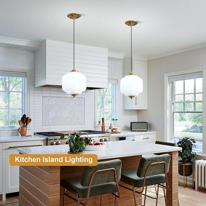 Milk Glass Pendant Light, 9in Medium Schoolhouse Light Fixture, LED Bulb Included, Vintage Art Deco Chandelier for Kitchen Island Dining Room Bedroom Hallway, White & Antique Gold 1 Pack