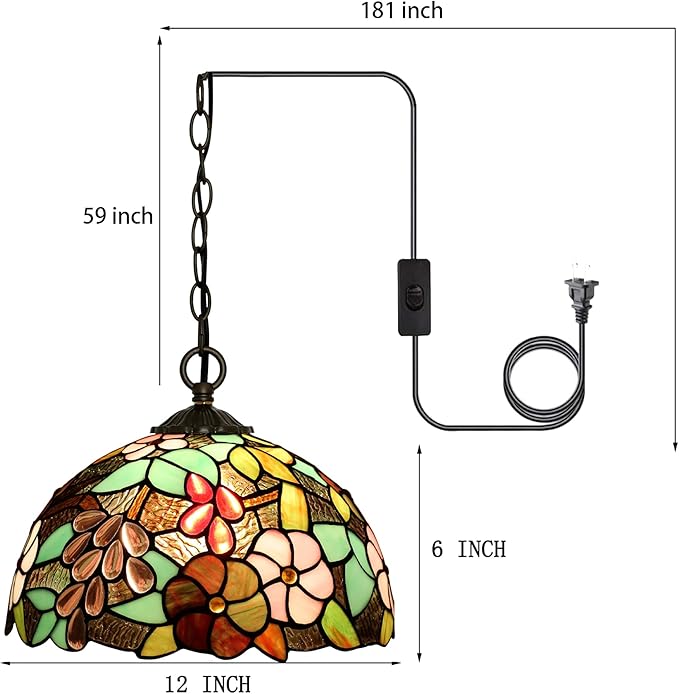 Tiffany Pendant Light Plug-in Stained Glass Hanging Lamp 12”x12”x181” Grape Swag Light Vintage Lighting for Dining Room Living Room Kitchen Hallway Bedroom