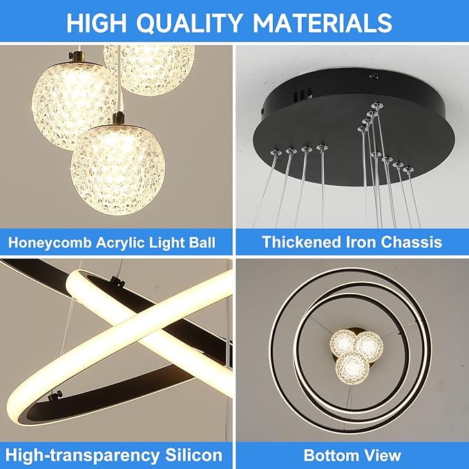 ORANOOR LED Modern 3 Ring Chandeliers for Dining Room, 24in Dimmable Kitchen Pendant Lamp, Black Dining Room Light Fixtures Ceiling Hanging Over Table, Globe Round Chandeliers for Living Room Bedroom