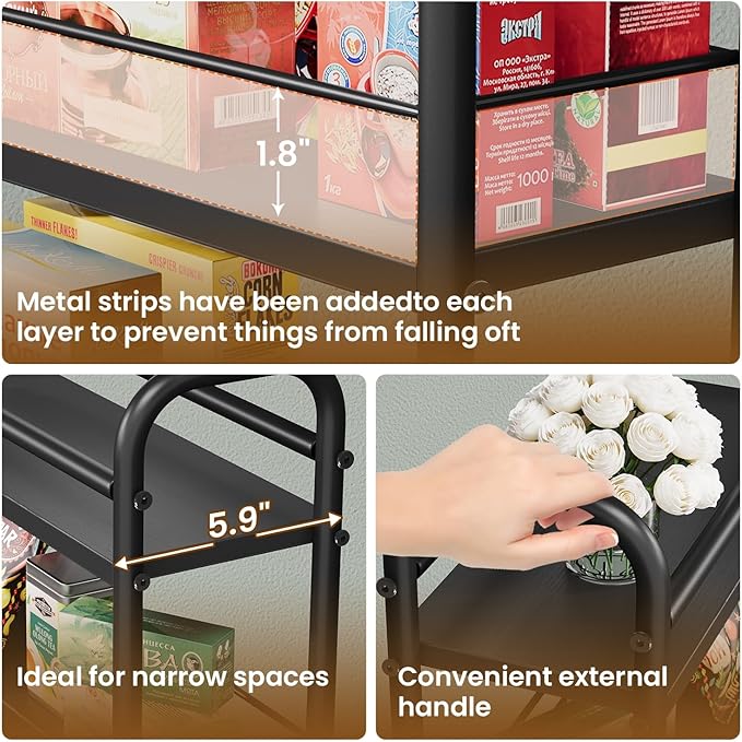 Asgolion Slim Storage Cart, 4-Tier Small Rolling Cart with Wheels, 5.9" Deep, Narrow Bathroom Shelf Trolley for Kitchen, Bathroom, Laundry Room, Black Standard 4-Tier (5.9" W x 33.6" H)
