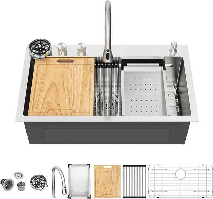 Kichae Drop In Kitchen Sink Waterfall - 33x19 Workstation Kitchen Sink Waterfall Stainless Steel 16 Gauge Luxury Handmade Single Bowl Drop Sinks with Glass Rinser