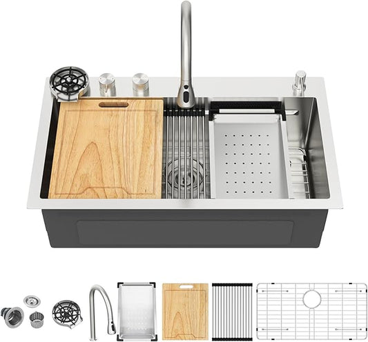 Kichae Drop In Kitchen Sink Waterfall - 33x19 Workstation Kitchen Sink Waterfall Stainless Steel 16 Gauge Luxury Handmade Single Bowl Drop Sinks with Glass Rinser