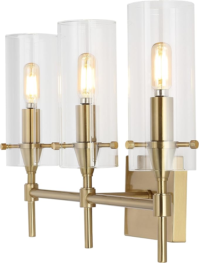 JONATHAN Y 21.25" Brass Gold/Clear Modern Farmhouse LED Vanity Light Sconce, Clear Glass Cylinder Shade, Wall Lamp for Bathroom Mirror Hallway Entryway, LED Bulb Included (JYL7807C)