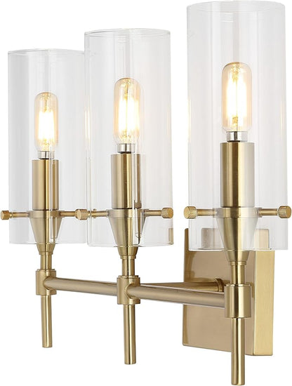 JONATHAN Y 21.25" Brass Gold/Clear Modern Farmhouse LED Vanity Light Sconce, Clear Glass Cylinder Shade, Wall Lamp for Bathroom Mirror Hallway Entryway, LED Bulb Included (JYL7807C)