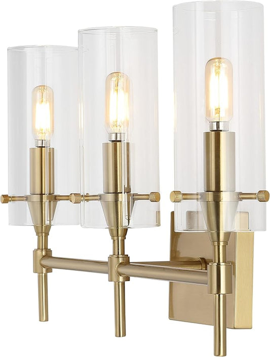 JONATHAN Y 21.25" Brass Gold/Clear Modern Farmhouse LED Vanity Light Sconce, Clear Glass Cylinder Shade, Wall Lamp for Bathroom Mirror Hallway Entryway, LED Bulb Included (JYL7807C)