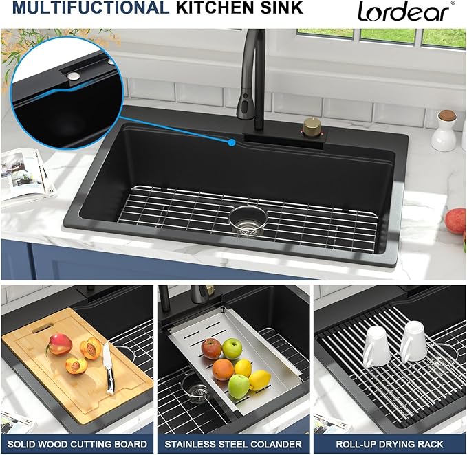 Lordear Black Waterfall Kitchen Sink Granite Composite 33x22 Drop In Kitchen Sinks Black Quartz Composite Single Bowl Multifunctional Workstation Topmount Sink with Pull Out Faucet
