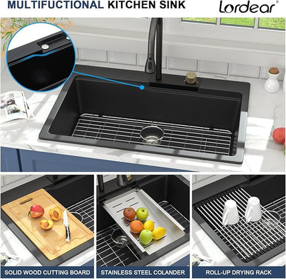 Lordear Black Waterfall Kitchen Sink Granite Composite 33x22 Drop In Kitchen Sinks Black Quartz Composite Single Bowl Multifunctional Workstation Topmount Sink with Pull Out Faucet
