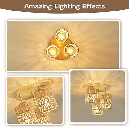 hykolity 3-Light Semi Flush Mount Ceiling Light Fixture, Boho Farmhouse Light Fixtures Ceiling Mount with Hand Woven Rattan Shade, Gold Ceiling Lighting for Kitchen, Bedroom, Entryway, Hallway, ETL
