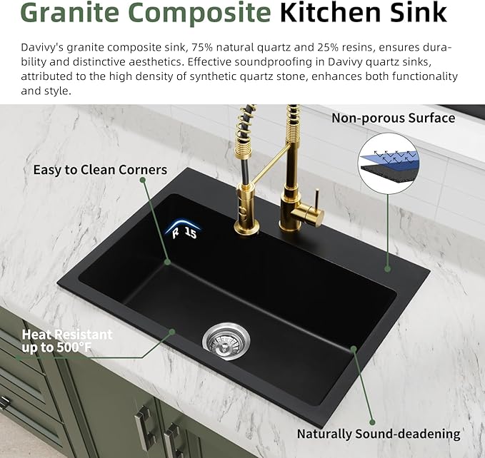 Davivy 27 inch Black Granite Composite Kitchen Sink, 27 x19 Black Quartz Topmount/Drop In Kitchen Sink, Single Bowl Design