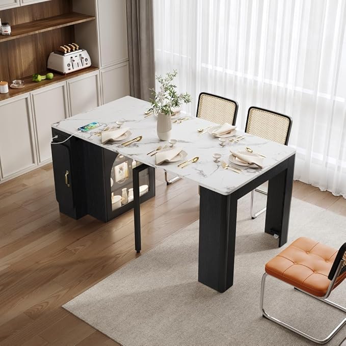 Extendable Drop Leaf Dining Table with Storage, Kitchen Island Cart with Outlet, Rolling Bar Table with Drawers and Glass Door Cabinet for Small Kitchen