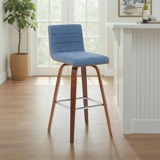 Vienna Modern Swivel Bar Height Stool with Vintage Blue Upholstered Seat and Walnut Finished Wood Frame Set of 3