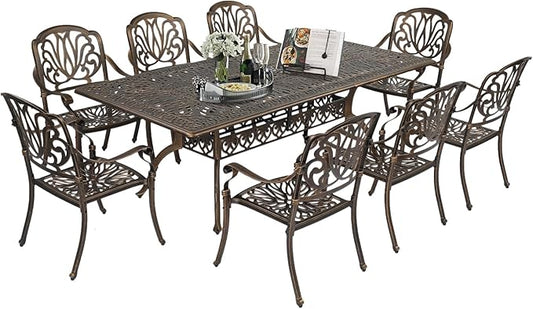 VINGLI 9-Piece Cast Aluminum Outdoor Dining Set for 8, Rectangular Patio Table with Umbrella Hole & 8 Stackable Chairs, All-Weather Garden/Poolside Furniture