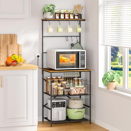 4 Tier Coffee Bar Station, Kitchen Stand with 8 S-Shaped Hooks, Large Space Coffee Station Table, Farmhouse Coffee Bar Shelf, Bakers Rack for for Kitchen, Living Room, 23.62" W x 15.74" D x 57.13" H
