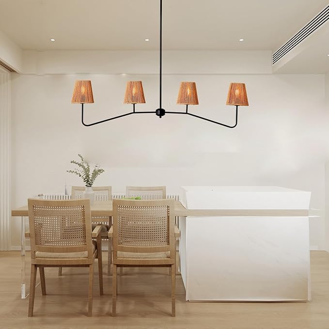 45" W Rattan Farmhouse Kitchen Island Lighting,Industrial Linear Chandelier, 4-Light Pendant Lighting for Kitchen Island Dining Room