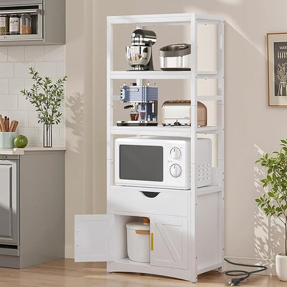 VECELO 3-Tier Microwave Stand with Charging Station, Freestanding Farmhouse Kitchen Rack for 1.0 Cu.Ft. Oven, Coffee Bar Cabinet with Drawer & Storage Shelves, White