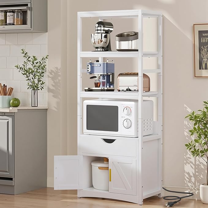 VECELO 3-Tier Microwave Stand with Power Outlet & USB Ports, 15.5" Deep Kitchen Pantry Cabinet, Fits 1.0 Cu.Ft Microwave, Modern Farmhouse Coffee Bar Storage with Drawer & Barn Door for Kitchen, White
