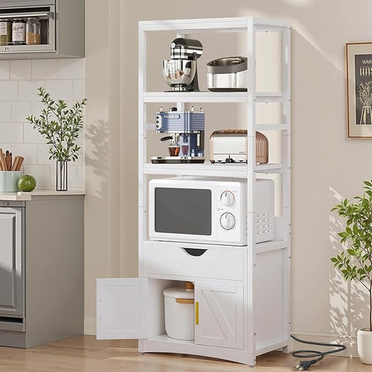 VECELO 3-Tier Microwave Stand with Power Outlet & USB Ports, 15.5" Deep Kitchen Pantry Cabinet, Fits 1.0 Cu.Ft Microwave, Modern Farmhouse Coffee Bar Storage with Drawer & Barn Door for Kitchen, White