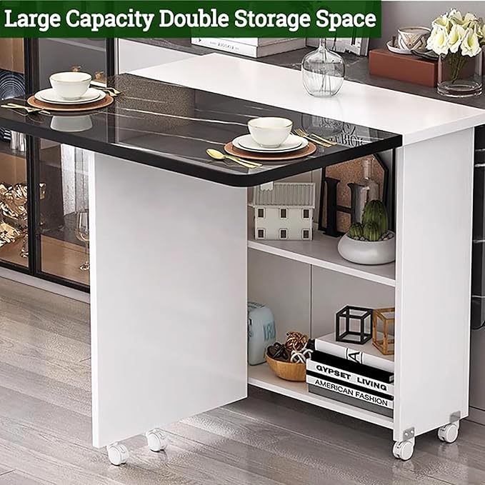 Wooden Folding Dining Table with Drop Leaf, Space-Saving Kitchen Island Table with Wheels, Hidden Storage(Black,55.1inch)