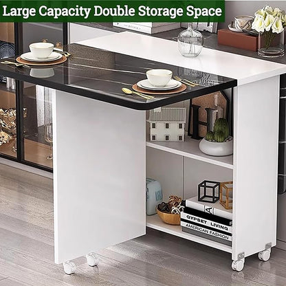Wooden Folding Dining Table with Drop Leaf, Space-Saving Kitchen Island Table with Wheels, Hidden Storage(Beige,55.1inch)