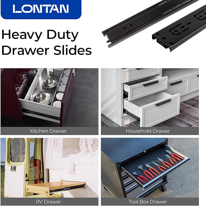 LONTAN Full Extension Ball Bearing Drawer Slides 8 10 12 14 16 18 20 22 24 Inch Heavy Duty Side Mount File Cabinet Rails Dresser Runner Kitchen Cabinet Drawer Glides,16 Inch,1 Pair,Black