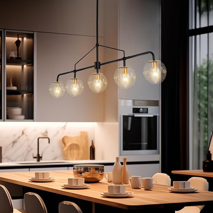 Linear Chandelier for Dining Room 39 Inch Kitchen Island Chandelier Black and Gold Modern 5 Lights Seeded Glass Globe Linear Pendant Light for Farmhouse, Living Room