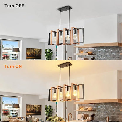 4-Light Island Lights for Kitchen, Rectangular Wood and Black Metal Kitchen Island Chandelier 31.5" Adjustable Rustic Modern Dining Room Light Fixtures Over Table, Chandeliers for Dining Room