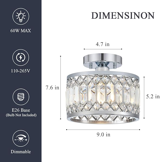 Pevfah Crystal Chrome Ceiling Light, Modern Semi Flush Mount Ceiling Lighting Fixture, Round Hallway Lighting Fixtures for Entryway Kitchen Bedroom Laundry Room, 1-Light, 9 Inch