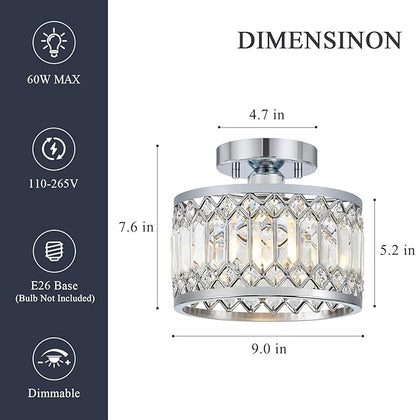 Pevfah Crystal Chrome Ceiling Light, Modern Semi Flush Mount Ceiling Lighting Fixture, Round Hallway Lighting Fixtures for Entryway Kitchen Bedroom Laundry Room, 1-Light, 9 Inch