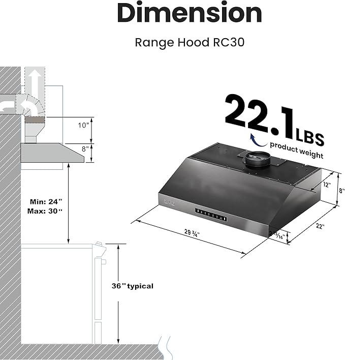 VIKIO HOME 30 inch Range Hood Stainless Steel(PVD), Black Stove Hood with 1200 CFM with 1.5 Sones Quiet,3 Speed Exhaust Fan Hood Vents for Kitchen,Under Cabinet Range Hood with GU10 LED Lights