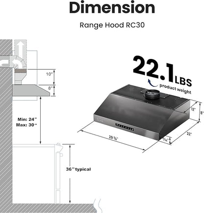 VIKIO HOME 30 inch Range Hood Stainless Steel(PVD), Black Stove Hood with 1200 CFM with 1.5 Sones Quiet,3 Speed Exhaust Fan Hood Vents for Kitchen,Under Cabinet Range Hood with GU10 LED Lights