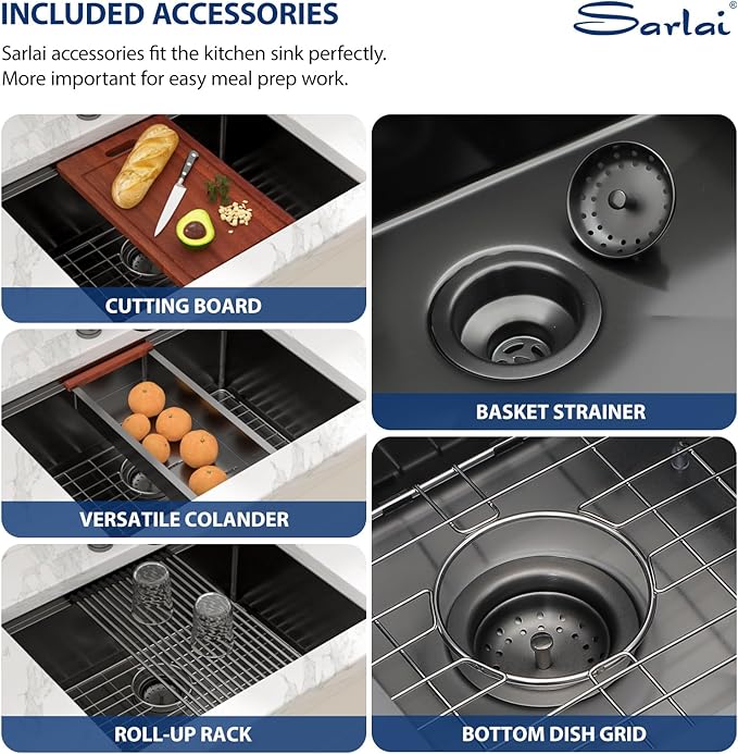 Sarlai 25 Inch Black Kitchen Sink Undermount - 25"x19" Undermount Sink Ledge Workstation Stainless Steel Gunmetal Black 16 Gauge Deep Single Bowl Under Counter Kitchen Sinks with Accessories