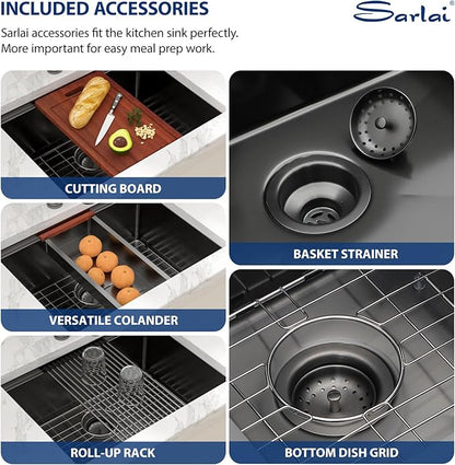 Sarlai 25 Inch Black Kitchen Sink Undermount - 25"x19" Undermount Sink Ledge Workstation Stainless Steel Gunmetal Black 16 Gauge Deep Single Bowl Under Counter Kitchen Sinks with Accessories