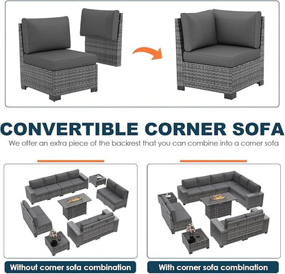 13 Piece Patio Furniture Set with Fire Pit Table, Outdoor Conversation Sets Grey Wicker Rattan Sectional Sofa, 4'' Thickened Cushion Dark Grey