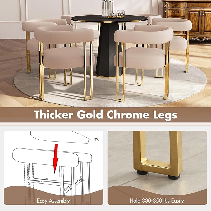 Hyfirm Velvet Dining Chairs Set of 4, Khaki Upholstered Barrel Armchairs with Gold Metal Legs for Kitchen Island, Mid Century Modern Accent Side Chairs for Dining Room and Living Room, Open-Back