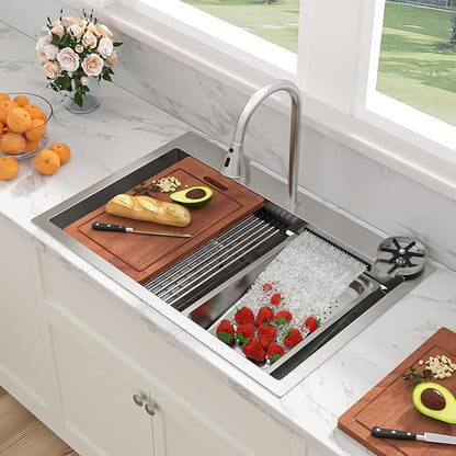 Sarlai 33 Inch Waterfall Kitchen Sink - 33x22 Inch Drop In Kitchen Sink Ledge Workstation Topmount Multifuctional Smart Stainless Steel 16 Guage Single Bowl Sinks Basin with Faucet