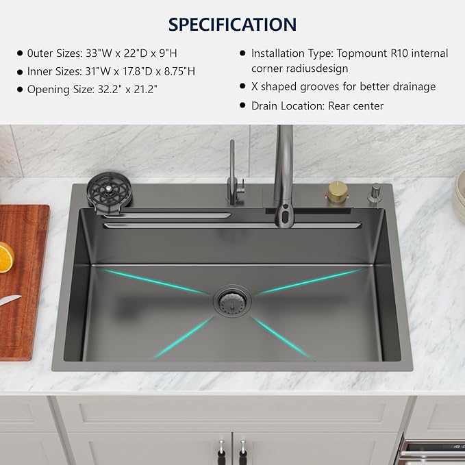 Logmey 33 Inch Waterfall Kitchen Sink Black Workstation Smart Sinks 33x22x9 Inch Drop In Kitchen Sink with faucet Combo Stainless Steel 16-Gauge Single Bowl Topmount Sinks