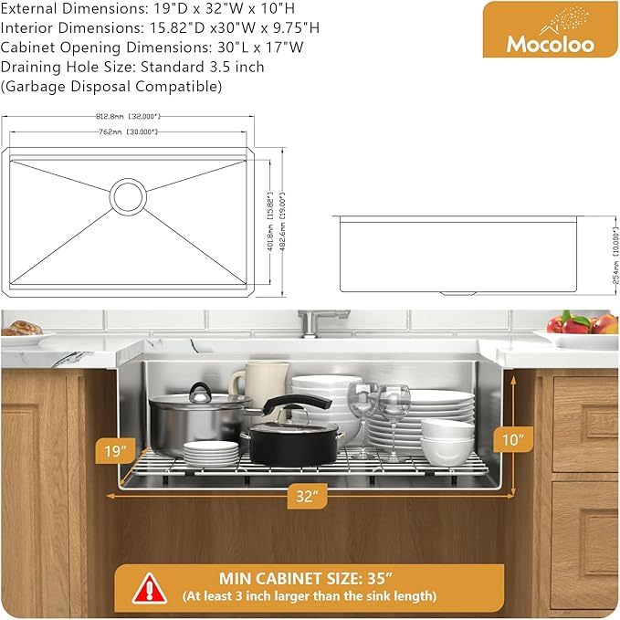 32 Inch Undermount Kitchen Sink - Mocoloo 32 x19 Kitchen Sink 16 Gauge Stainless Steel Deep Single Bowl Handmade Under Counter Basin with Ledge Workstation
