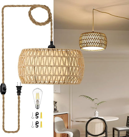 Boho Rattan Pendant Lights Farmhouse 12 Inch Plug in Chandelier Light Fixture Rustic Wicker Hand Woven Pendant Hanging Light with Cord for Dining Room Kitchen Bedroom Foyer Hallway