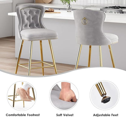 Bar Stools Set of 2, Velvet Counter Height Bar Stools with Metal Legs, Button Tufted and Nailheads Trim, Wing Back Bar Chairs for Kitchen Island Dining Room Pub, Gray
