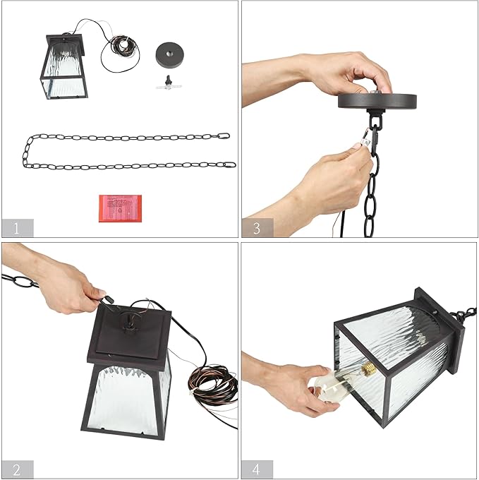 LALUZ Outdoor Pendant Lights for Porch, Modern Farmhouse Outdoor Pendant Light Fixture with Clear Water Ripple Glass, Trapezoid Exterior Hanging Lantern Lamp Light Fixtures, Textured Rust Finish