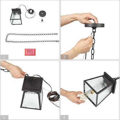LALUZ Outdoor Pendant Lights for Porch, Modern Farmhouse Outdoor Pendant Light Fixture with Clear Water Ripple Glass, Trapezoid Exterior Hanging Lantern Lamp Light Fixtures, Textured Rust Finish