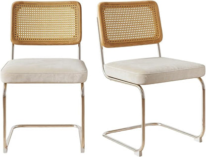 Rattan Back Velvet Dining Chair Set of 2 Modern Stainless Chrome Base Armless Upholstered Side Chair for Dining Room, Kitchen Island, Beige