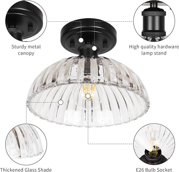 JYZ Semi Flush Mount Ceiling Light, Black Ceiling Light Fixture with Ribbed Glass Shade, Vintage Light fixtures for Hallway, Entryway, Bathroom, Kitchen, Bedroom
