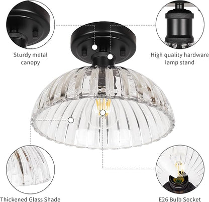 JYZ Semi Flush Mount Ceiling Light, Black Ceiling Light Fixture with Ribbed Glass Shade, Vintage Light fixtures for Hallway, Entryway, Bathroom, Kitchen, Bedroom