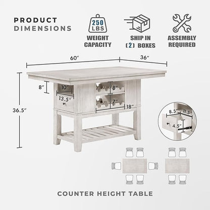 Lexicon 60" Farmhouse Counter Height Dining Table for 6, Solid Wood Frame Acacia Veneer Rectangular Dining Table with Wine Storage, Drawers, and Open Shelves, Brushed Antique White