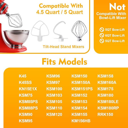 3-Piece Kit Attachments for KitchenAid Tilt-Head Stand Mixer, Accessories Stainless Steel K45WW Wire Whip, K45DH Dough Hook and K45B Coated Flat Blade Paddle with Scraper