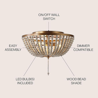 JONATHAN Y 15" Antique Gold/Cream Allison 3-Light LED Flush Mount Ceiling Light for Bedroom, Wood Beaded Shade Shabby Chic Farmhouse Rustic Decor, LED Bulbs Included (JYL9019A)