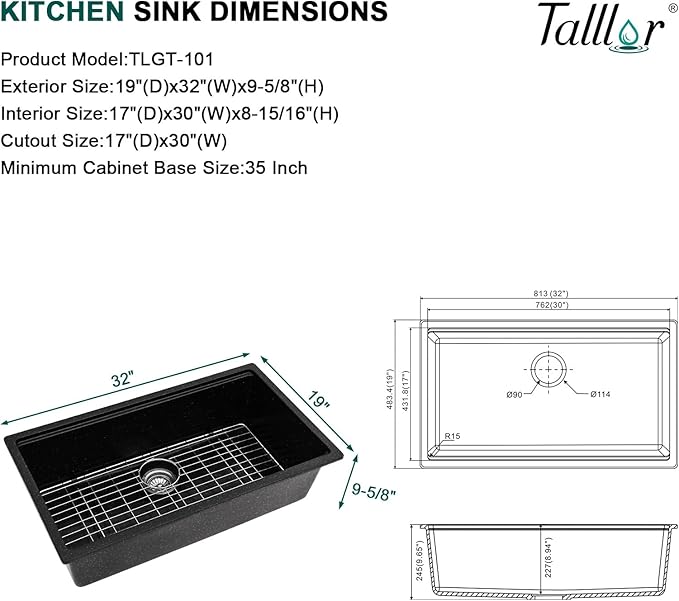 Granite Composite Kitchen Sink - 32 Inch Granite Kitchen Sink Undermount All-In One Workstation Matte Black Quartz Classic Under Counter Single Bowl Sinks for Kitchen, 32"x19" #TLGU-132