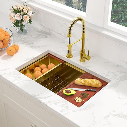 Sarlai 30 Inch Gold Undermount Kitchen Sink - 30" x18" Kitchen Sink Ledge Workstation 16 Gauge Gold Stainless Steel Deep Single Bowl Under Counter Rectangular Kitchen Sinks Basin