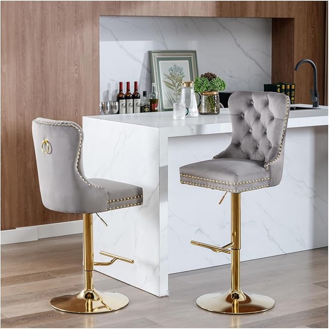 Thick Golden Swivel Velvet Barstools Adjusatble Seat Height from 27-35 Inch, Modern Upholstered Bar Stools with Backs Comfortable Tufted for Home Pub and Kitchen Island